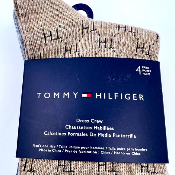 TOMMY HILFIGER,MEN’S DRESS CREW SOCKS, 4 PAIRS DECORATIVE TAN,GREY, BLUE 1 SIZE - Picture 5 of 16